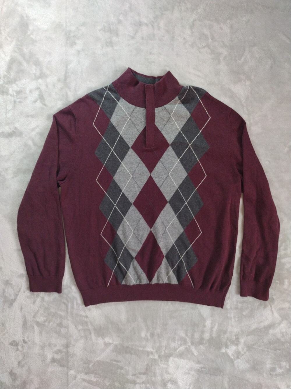 Tasso Elba Sweater Mens L Quarter Zip Argyle Burgundy Grey Cotton Preppy Classic